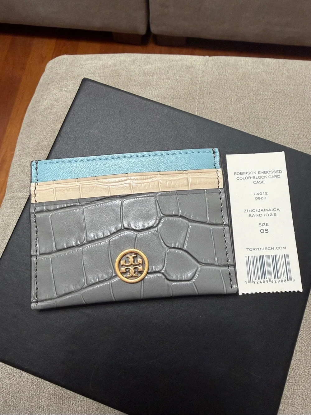 Tory Burch Gray Embossed Croc Card Case with Blue and Sand Slots